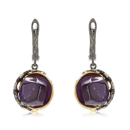 Eclipse Sculpt Amethyst Drop Earrings – 925 Sterling Silver with 18K Gold & Black Rhodium