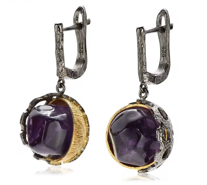 Eclipse Sculpt Amethyst Drop Earrings – 925 Sterling Silver with 18K Gold & Black Rhodium
