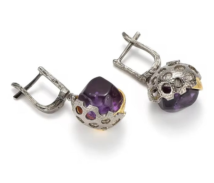 Eclipse Sculpt Amethyst Drop Earrings – 925 Sterling Silver with 18K Gold & Black Rhodium