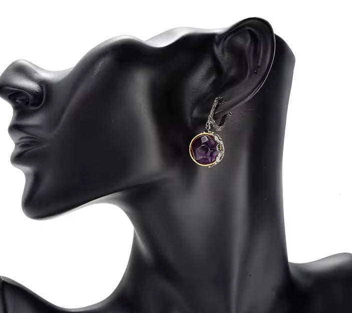 Eclipse Sculpt Amethyst Drop Earrings – 925 Sterling Silver with 18K Gold & Black Rhodium