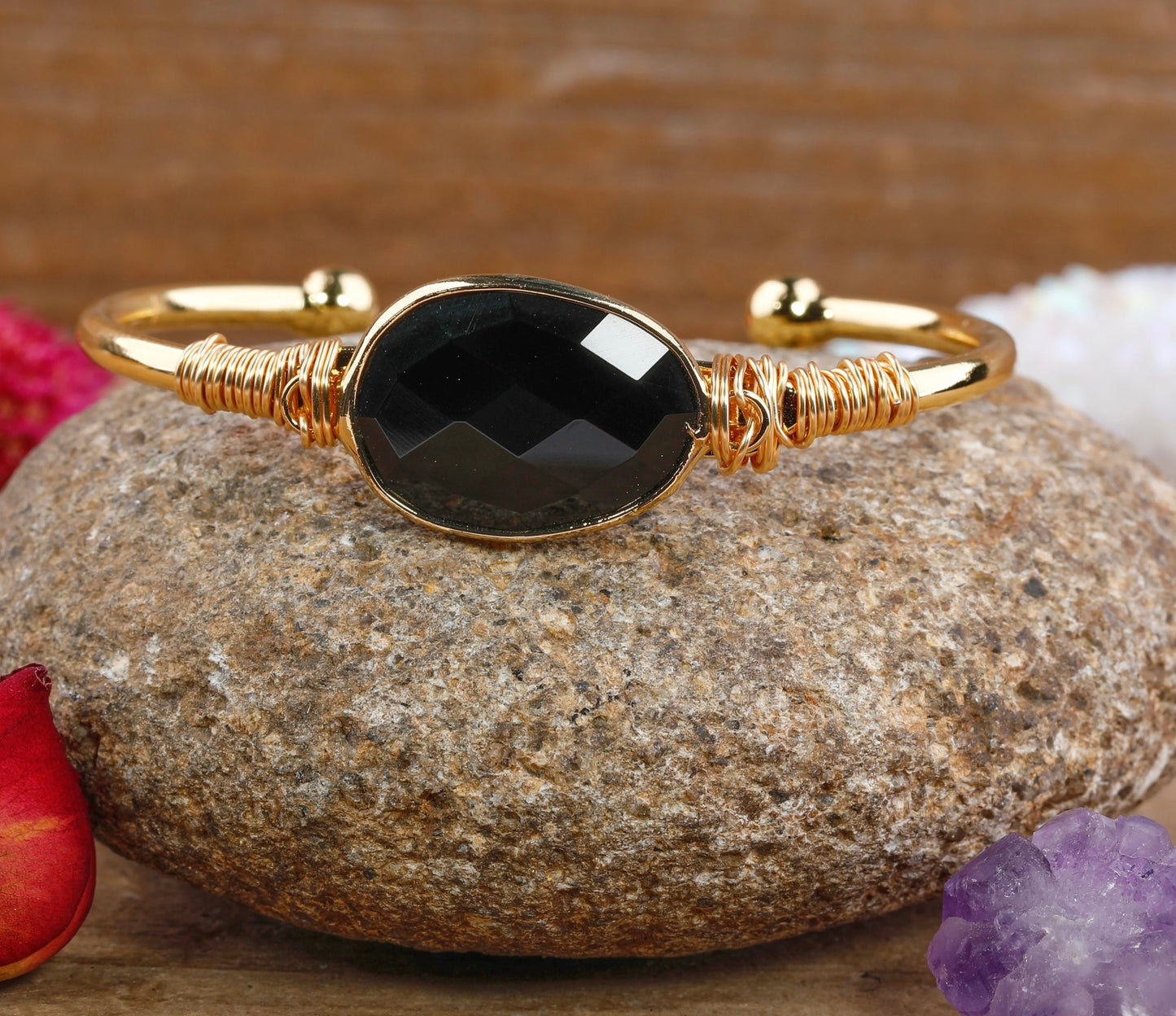 Midnight Aura Black Agate Cuff Bracelet – 18K Gold Plated