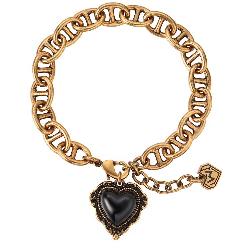 Veloura Noir Heart Charm Bracelet – Antique Gold Plated Statement Chain