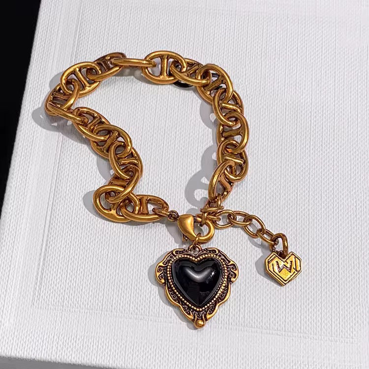 Veloura Noir Heart Charm Bracelet – Antique Gold Plated Statement Chain