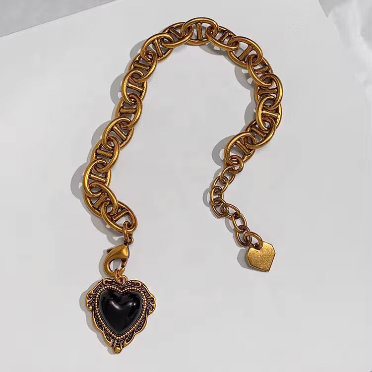 Veloura Noir Heart Charm Bracelet – Antique Gold Plated Statement Chain