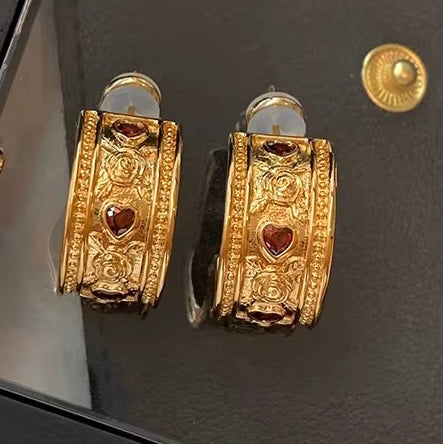 Aurélia Vintage Crown Hoops – Crimson Zircon Edition
