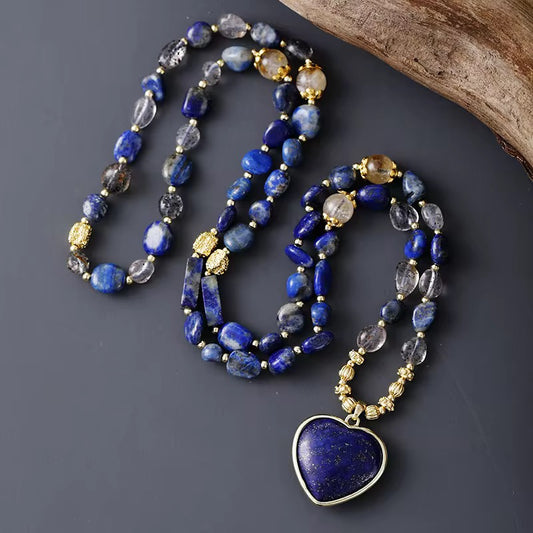 Elegant Lapis Lariat Necklace with Heart Pendant