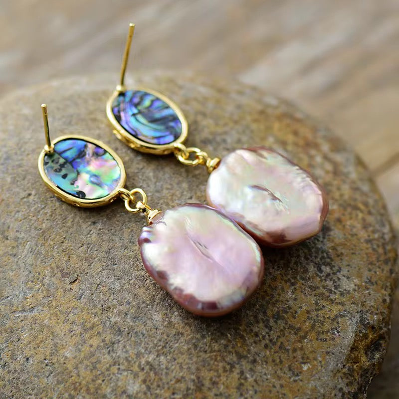 Baroque Pearl & Shell Drop Earrings - Hypoallergenic Brass