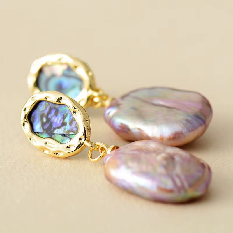 Baroque Pearl & Shell Drop Earrings - Hypoallergenic Brass
