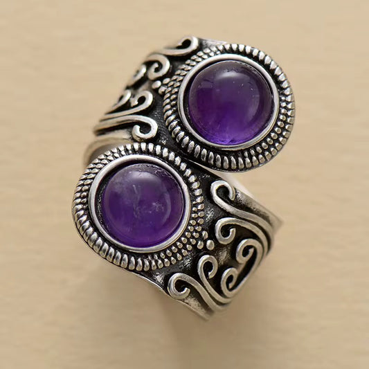 Vintage-Inspired Adjustable Amethyst Gemstone Ring
