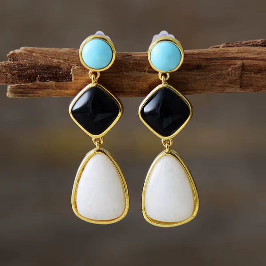 Retro Turquoise,Moonstone and Black Agate Dangle Earrings