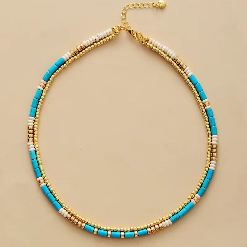 Turquoise & Gold Beaded Two - Layer Choker
