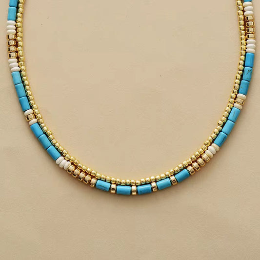 Turquoise & Gold Beaded Two - Layer Choker