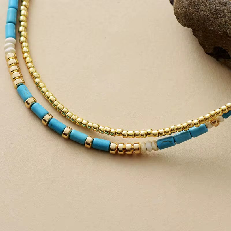 Turquoise & Gold Beaded Two - Layer Choker