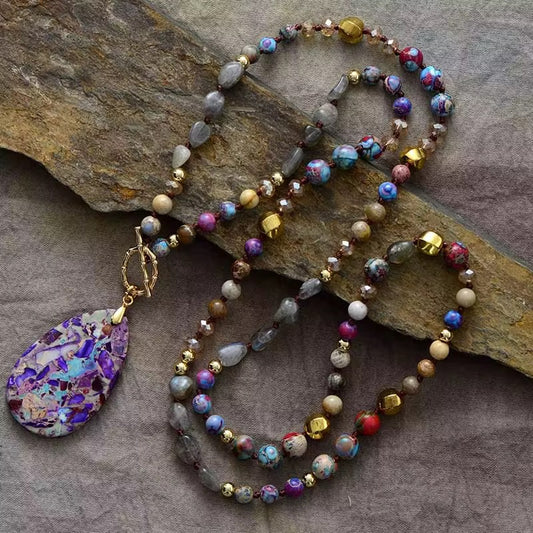Labradorite & Purple Jasper Teardrop Pendant Necklace - Boho Natural Stone Jewellery