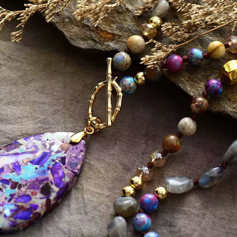Labradorite & Purple Jasper Teardrop Pendant Necklace - Boho Natural Stone Jewellery