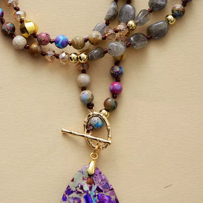 Labradorite & Purple Jasper Teardrop Pendant Necklace - Boho Natural Stone Jewellery