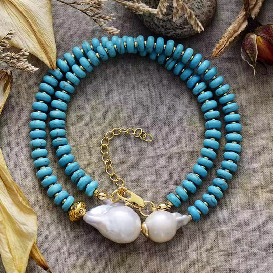Gold - plated Turquoise & Baroque Pearl Necklace - Handcrafted Minimalist Elegance