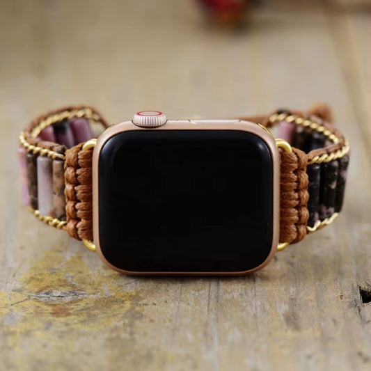 Handwoven Rhodonite Bead Apple Watch Strap for Series 9, 8 & 7
