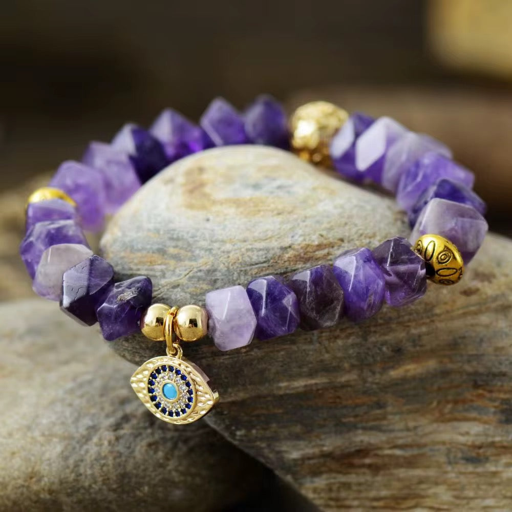 Evil Eye Charm Stretch Bracelet - Gemstone Bangle for Protection & Style