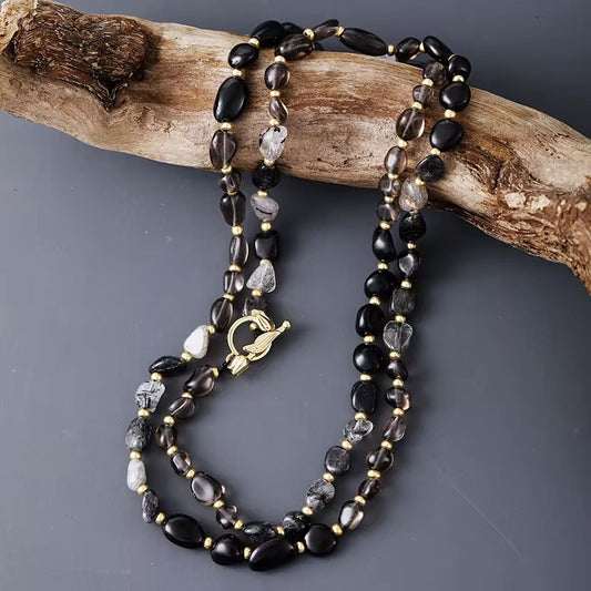 Midnight Black Onyx & Quartz Lariat Necklace