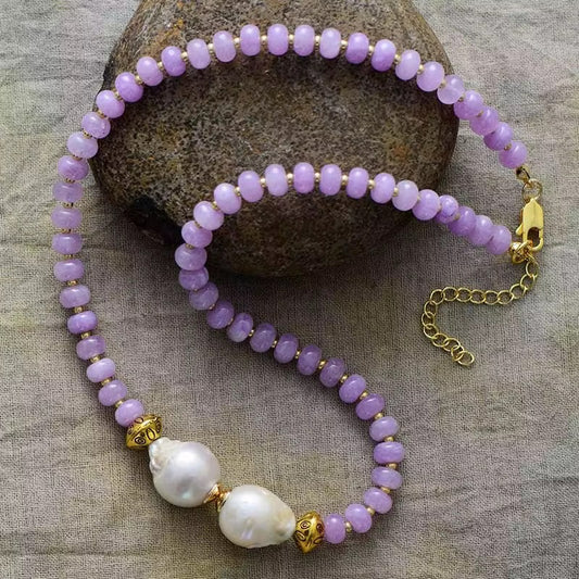 Gold - Plated Purple Jade & Baroque Pearl Necklace - Minimalist Elegance