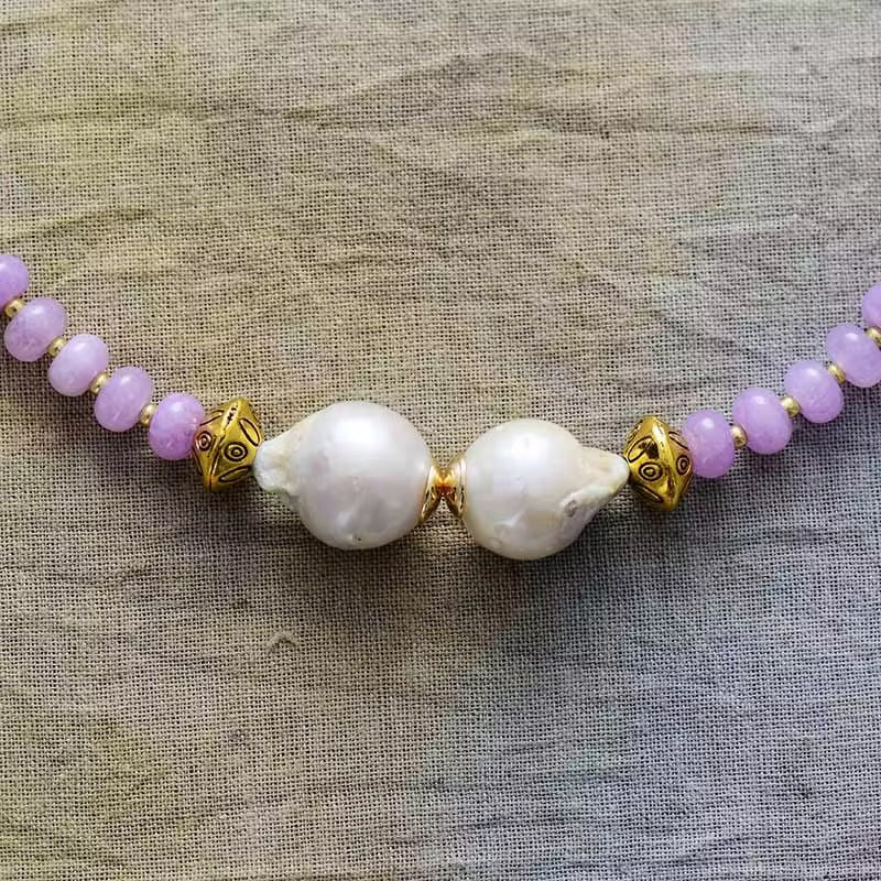 Gold - Plated Purple Jade & Baroque Pearl Necklace - Minimalist Elegance
