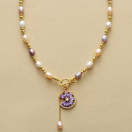 Freshwater Pearl & Purple Zirconia Lariat Necklace - Gold-Plated Floral Charm