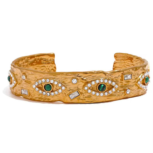 Celestara” – Malachite Eye Embossed Cuff Bracelet