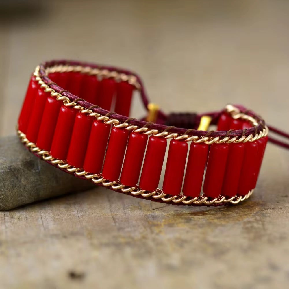 Scarlet Solstice Red Jade Leather Wrap Bracelet