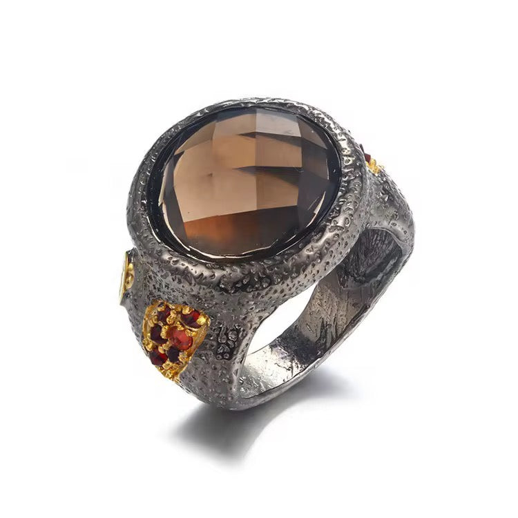 Obsidian Ember Ring – Smokey Quartz Statement Ring