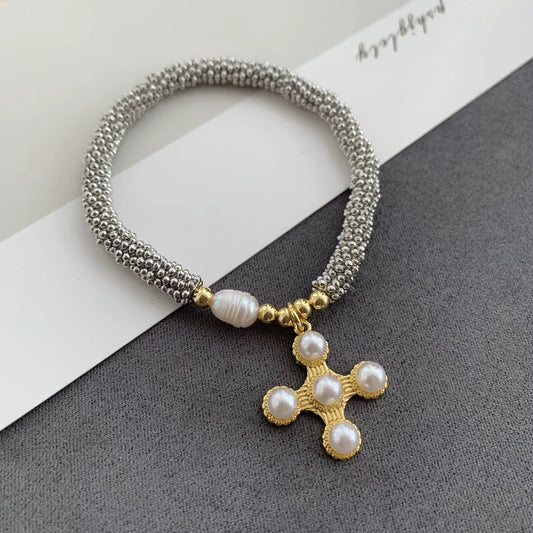 🌸 “Pearl Bloom Cross” Bracelet