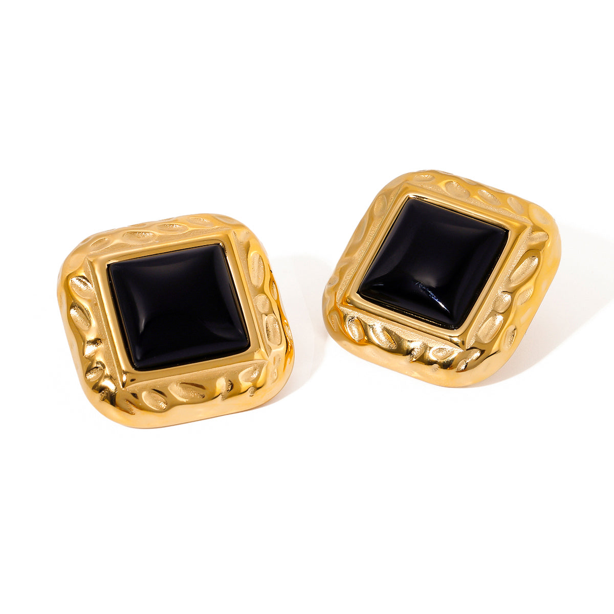 Geometric Black Agate Stud Earrings - 18K PVD Gold Plated Stainless Steel