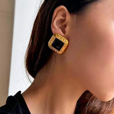 Geometric Black Agate Stud Earrings - 18K PVD Gold Plated Stainless Steel