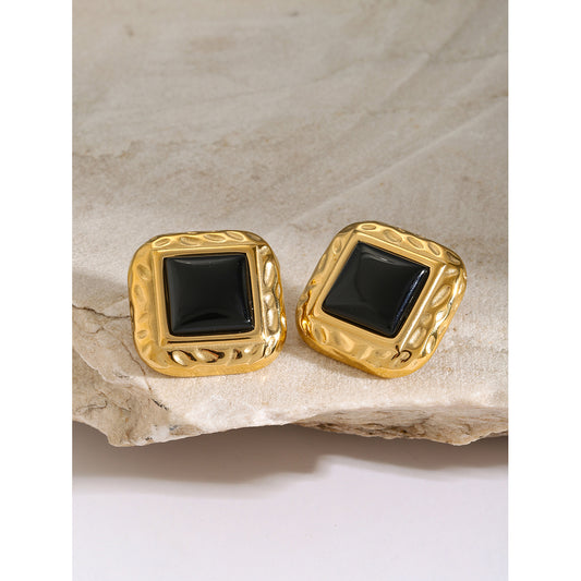 Geometric Black Agate Stud Earrings - 18K PVD Gold Plated Stainless Steel