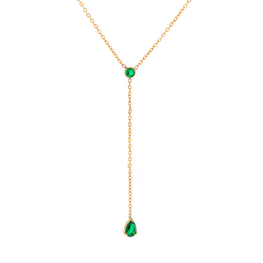 Celestial Cascade – 18K Gold Y-Shaped Pendant Necklace with Green Cubic Zirconia