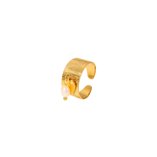 Golden Heartbeat – 18K Textured Adjustable Ring with Pearl & Charm