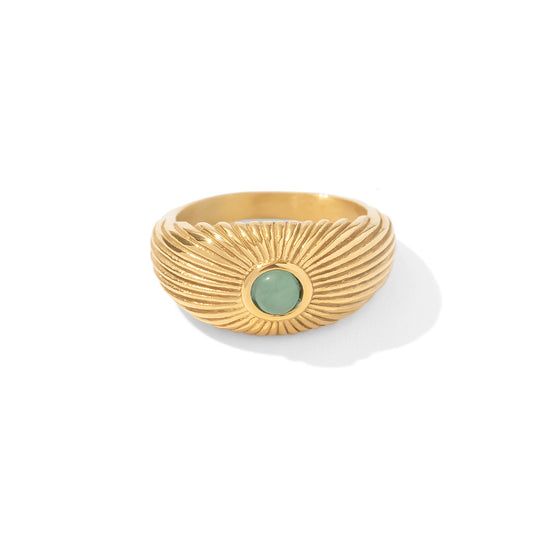 Sunburst Green Stone Chunky Ring - 18K Gold Plated